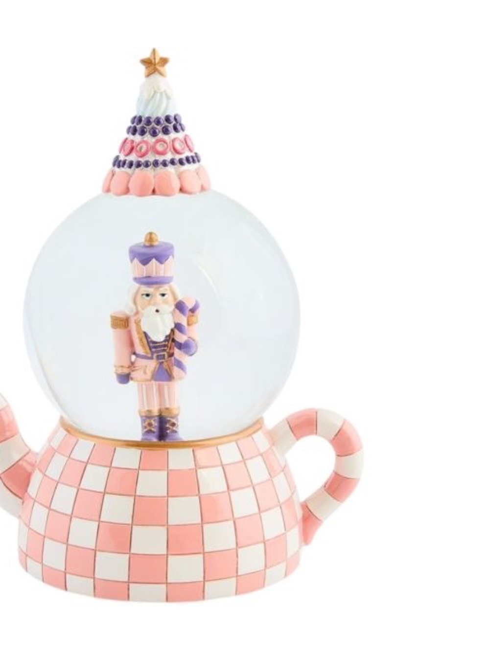 MacKenzie-Childs Rosy Check Teapot Snow Globe Music Box Nutcracker NEW